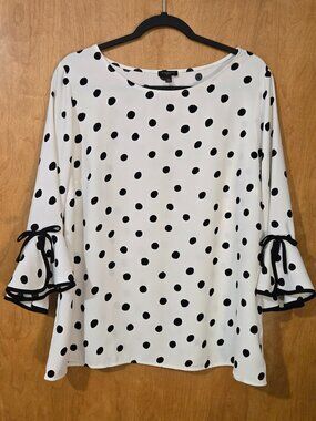 Talbots  Womens Crepe White with Black Dot Blouse XLP  Tie Flounce 3/4 Sleeve